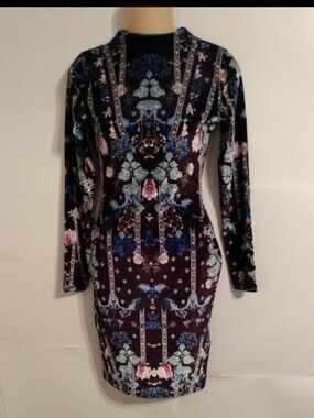 Velvet Lipsy Bodycon Rich Tapestry Pattern Dress Jeweltones Black